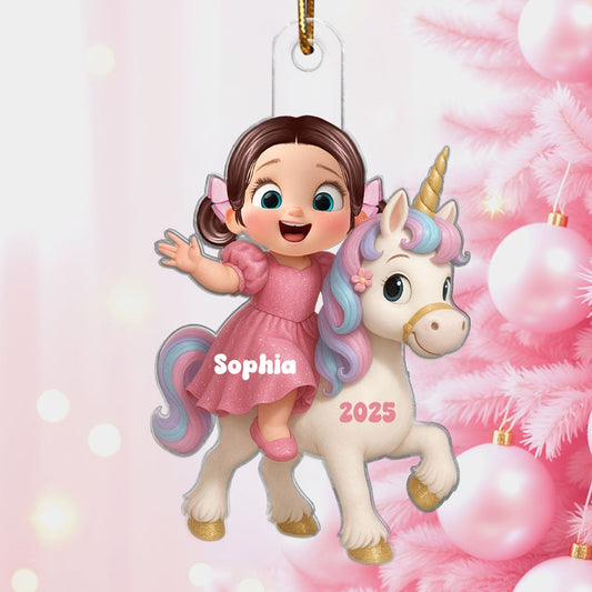 3D Effect Cute Cartoon Kid With Unicorn Christmas Personalized Flat Acrylic Ornament