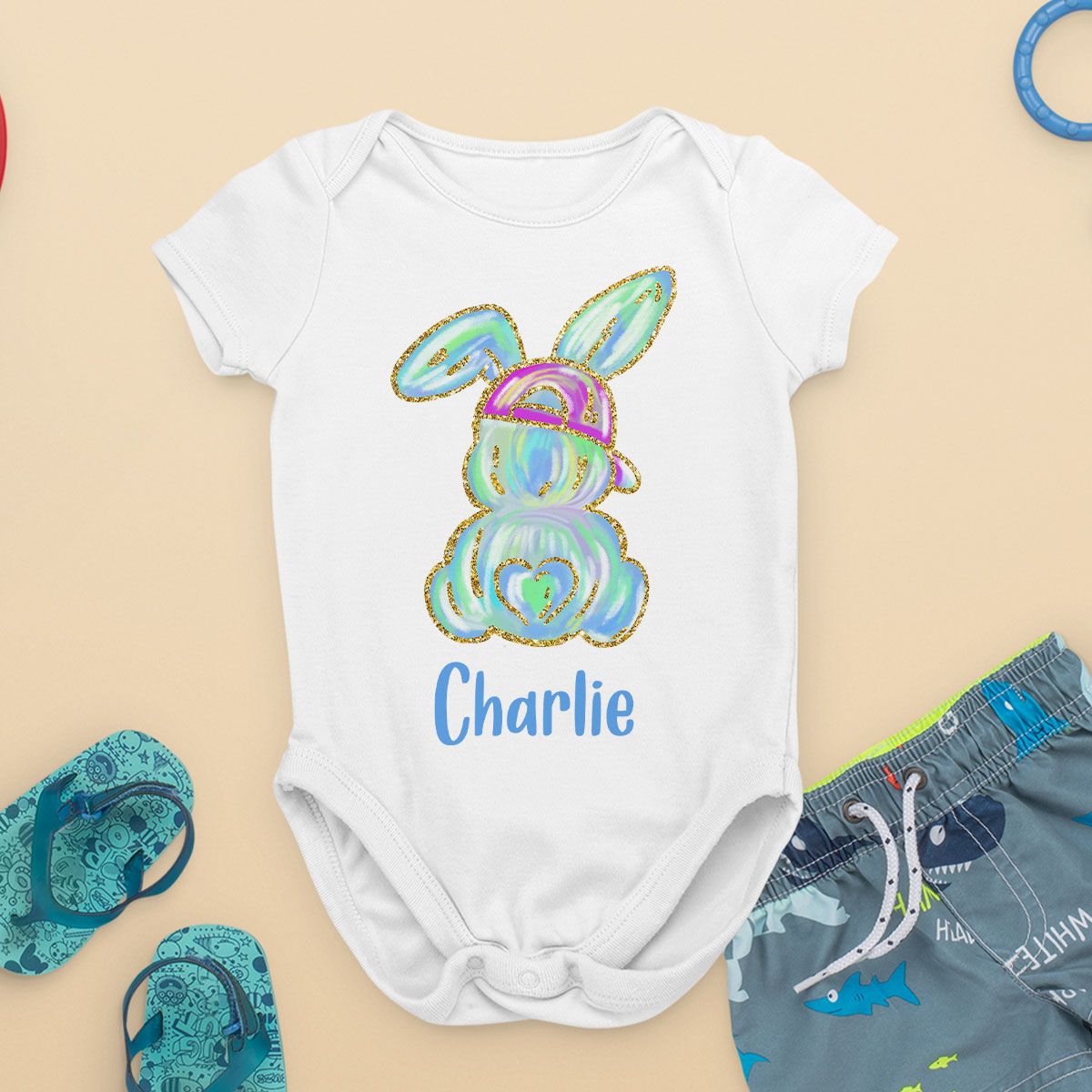 Brushstroke Bunny Easter Personalized Baby Onesie Baby Shirt - Custom Baby Name