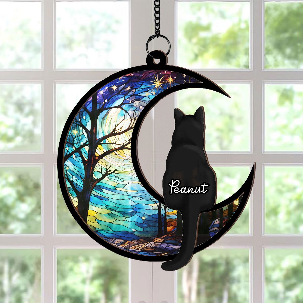 Cats On Moon Personalized Window Hanging Suncatcher, Halloween Decor For Cat Lovers