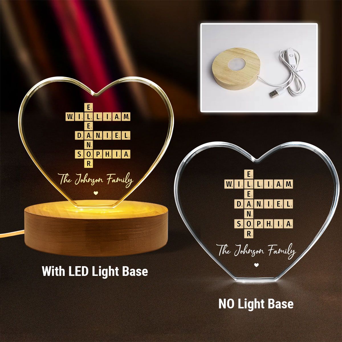 Family Names Crossword Art - Created In A Moment, Treasured Forever Personalized Heart Crystal LED