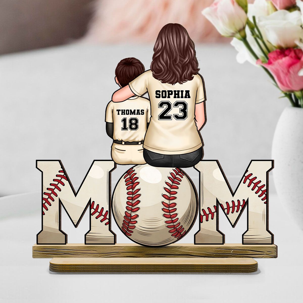Baseball, Softball Mom And Kids Personalized Standing Wooden Plaque, Mother's Day Gift For Wife, Gift For Mom