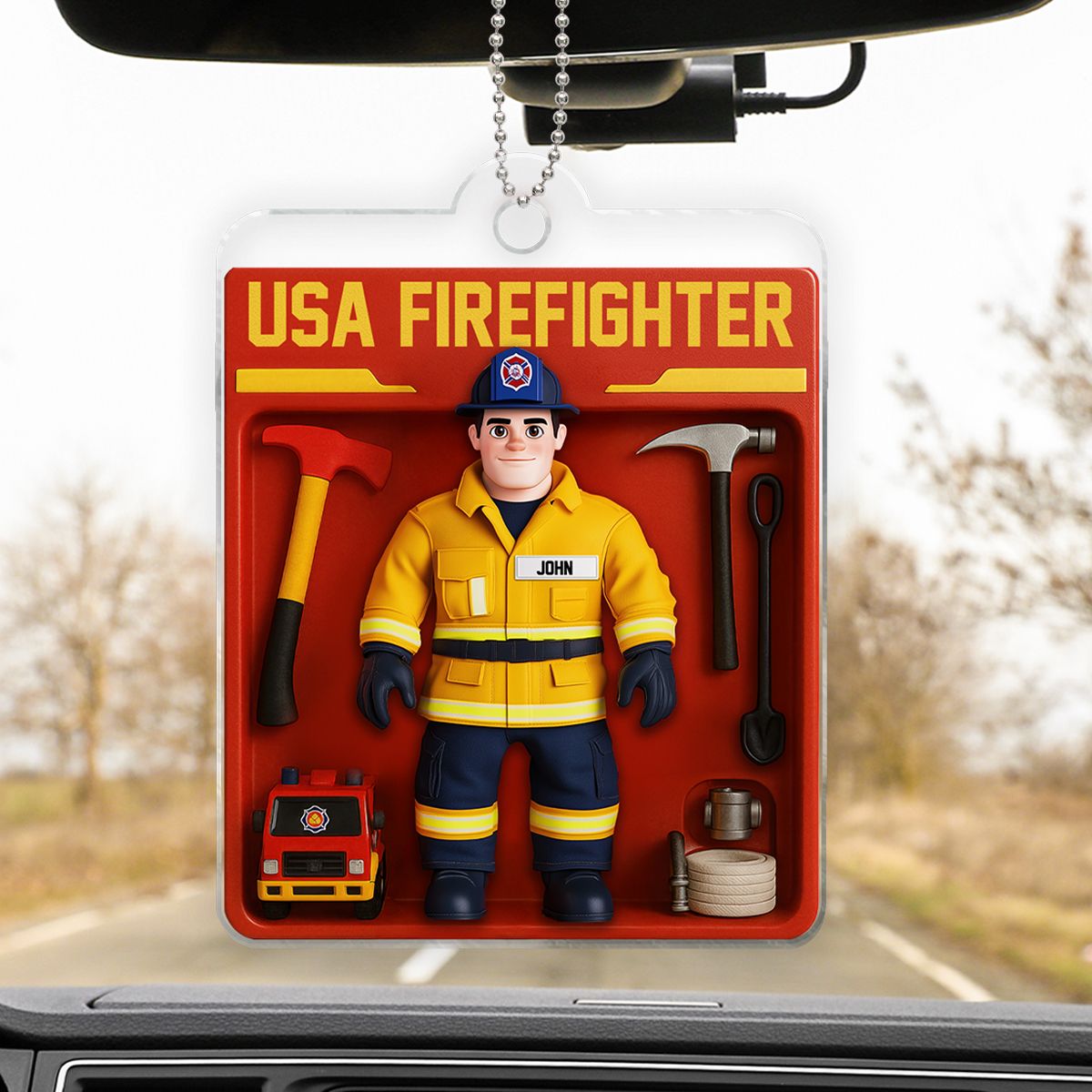 Personalized USA Firefighter Acrylic Car Hanger, Custom Figure for Firefighters