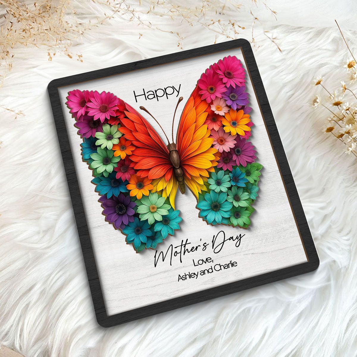 Mother's Day Butterfly Flowery Wings 2D Flat, Personalized 2-Layered Wooden Plaque, Mother's Day Gift for Mom, 3D Effect