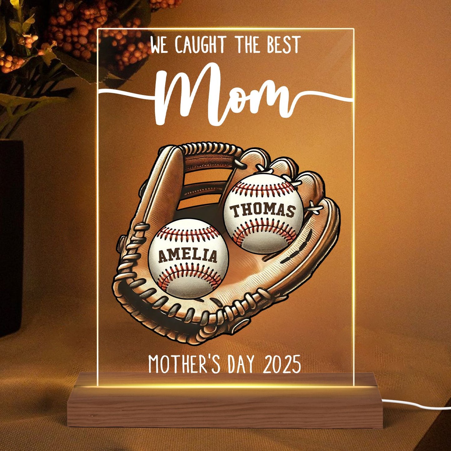 We Caught The Best Mom Baseball, Softball Personalized LED Night Light, Custom Kid's Name, Mother's Day, Gift For Wife, Gift For Mom