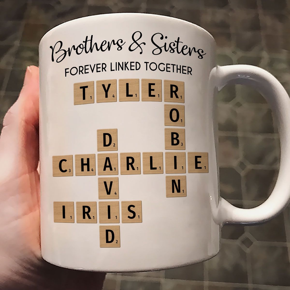 Brothers And Sisters Forever Linked Together Crossword Puzzle Art Personalized Mug, Gift For Brothers, Sisters, Siblings, Family