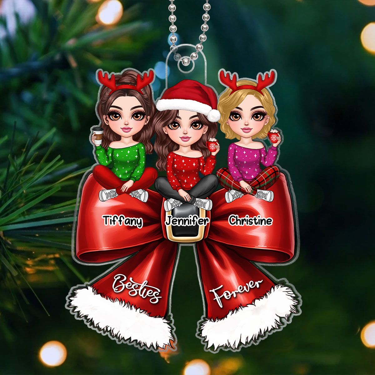 Christmas Coquette Bow Best Friends Personalized Acrylic Ornament, Christmas Gift For Besties