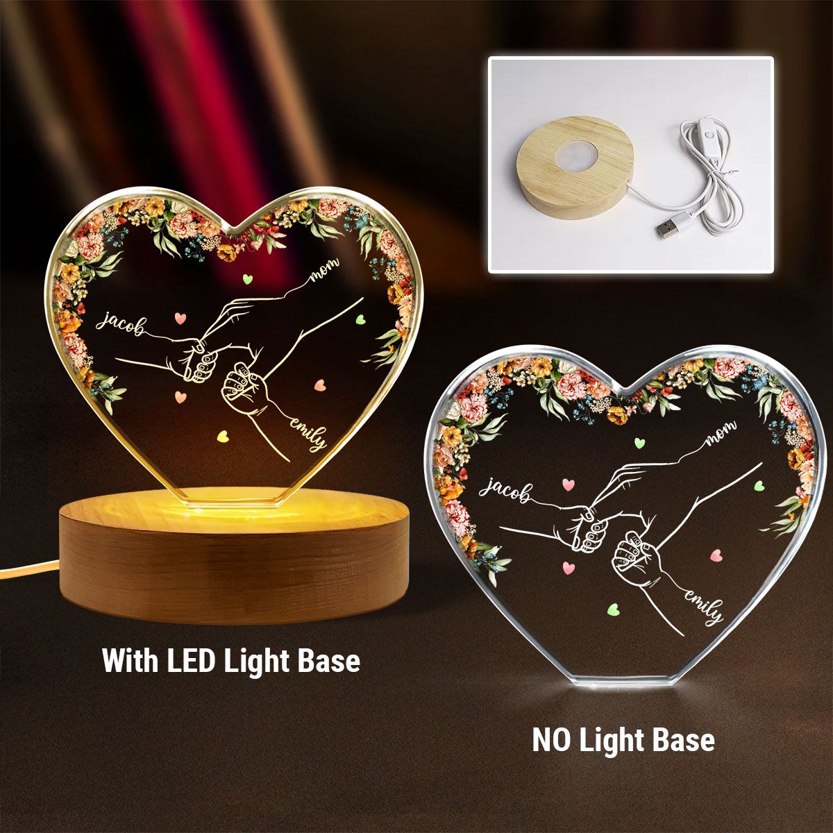 Personalized Name Mom And Kid Hands Premium Crystal Heart LED, A Timeless Treasure for Mom