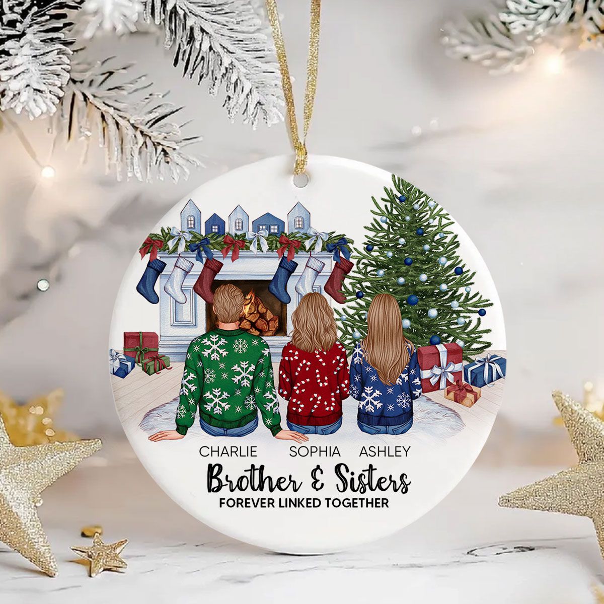 Personalized Siblings Christmas Tree Cozy Fireplace Ornament, Personalized Brothers and Sisters Ornament, Siblings Gift