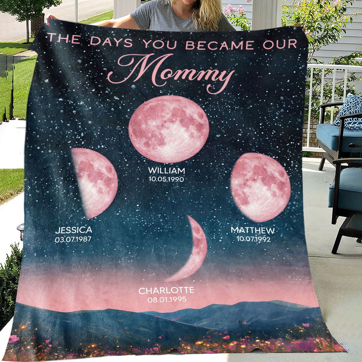 Pink Moon Phase Custom Birth Moon Beautiful Hill At Night Personalized Fleece Blanket, Mother's Day Gift