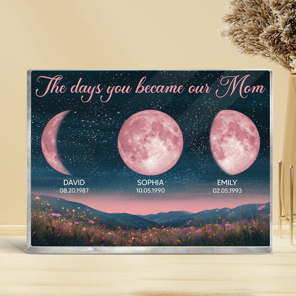 Pink Moon Phase Custom Birth Moon Beautiful Hill At Night Personalized Acrylic Block Plaque, Gift For Mom