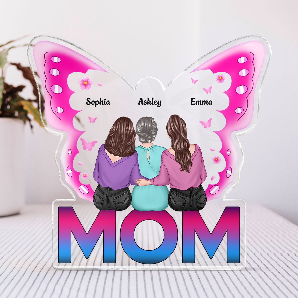 MOM Butterfly Sitting Back View Personalized Acrylic Block, Mother's Day gift