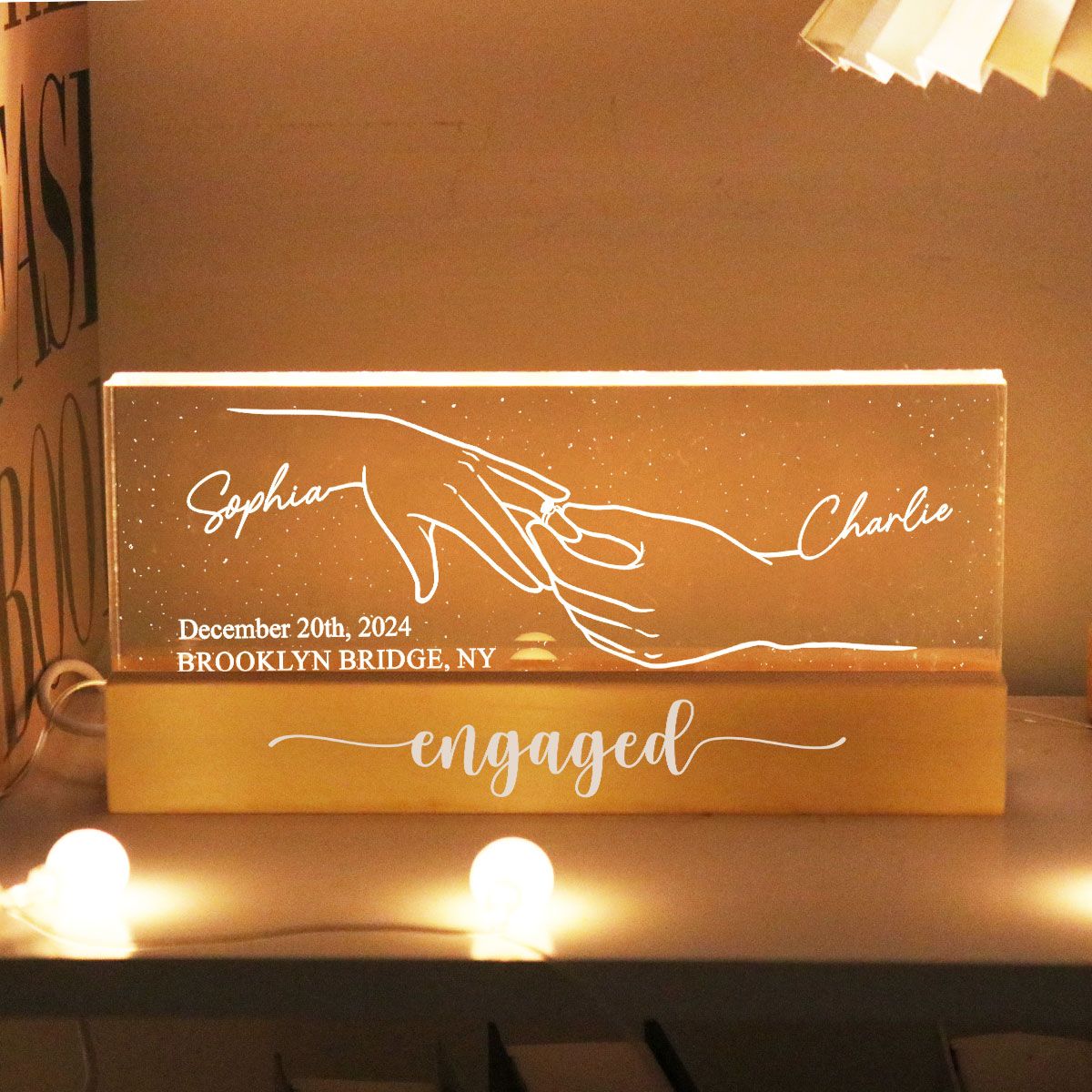 Engagement Keepsake Couple Hands Outline Personalized Block LED Plaque