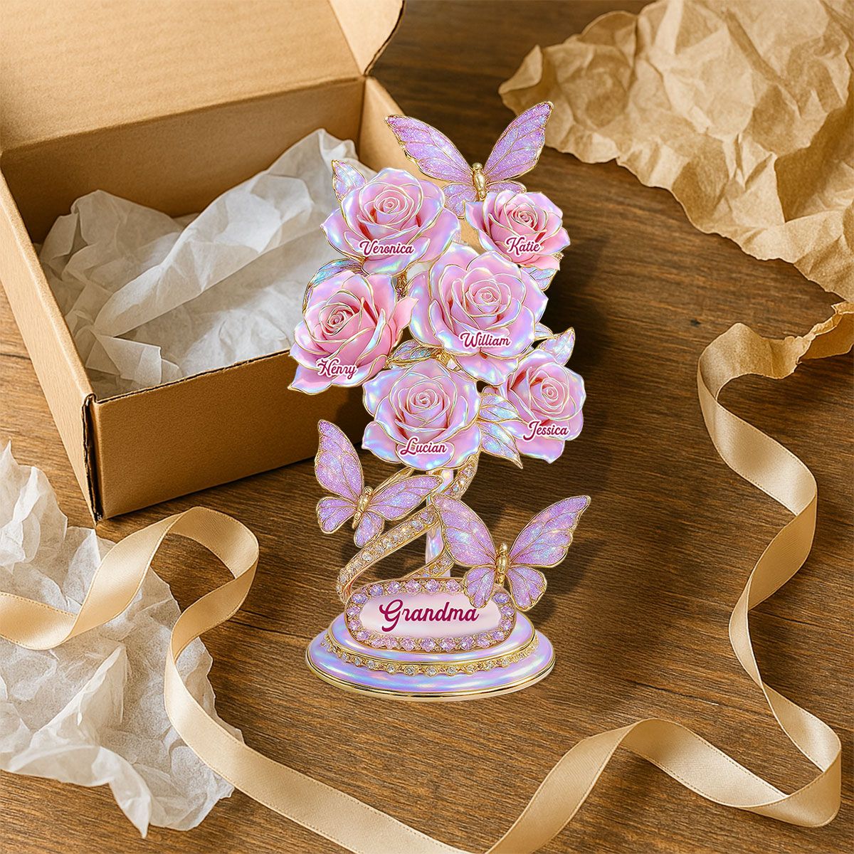 Beautiful Roses With Kids Names Pearl & Stone Effect Personalized Flat Acrylic Block Plaque