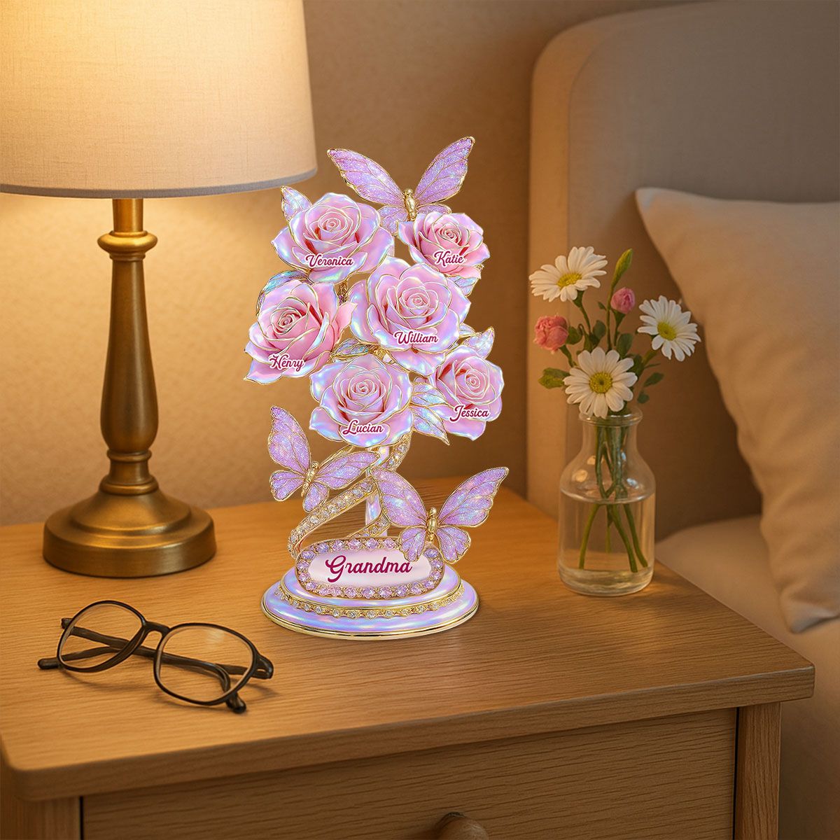 Beautiful Roses With Kids Names Pearl & Stone Effect Personalized Flat Acrylic Block Plaque