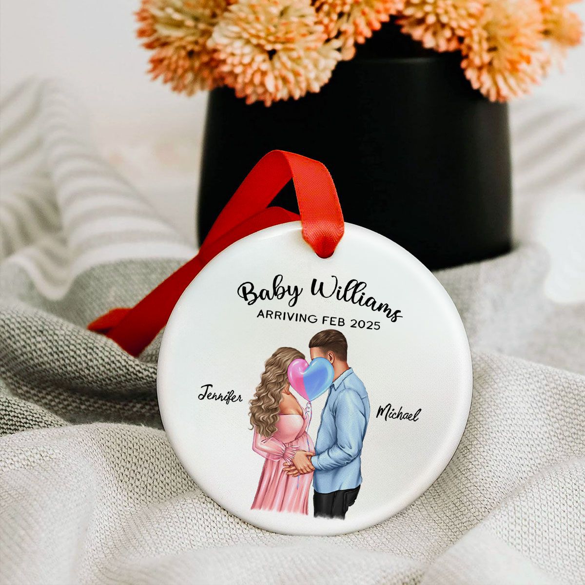 Personalized Kissing Pregnant Couple Ornament, Expecting Family, Baby Coming Soon, Pregnancy Announcement Personalized Ornament