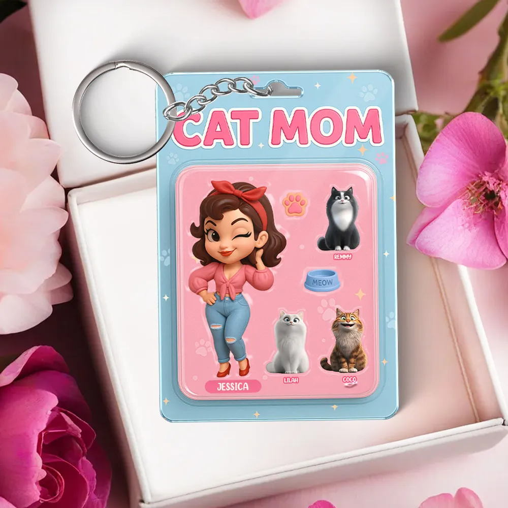 Cat Mom Custom Figure Cute Cartoon Cats Personalized Acrylic Keychain