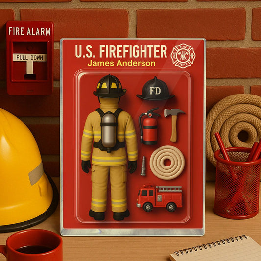 Back View Firefighter Action Figure Pack Packaging Personalized Rectangle Acrylic Block