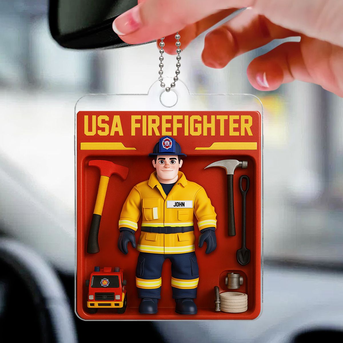 Personalized USA Firefighter Acrylic Car Hanger, Custom Figure for Firefighters