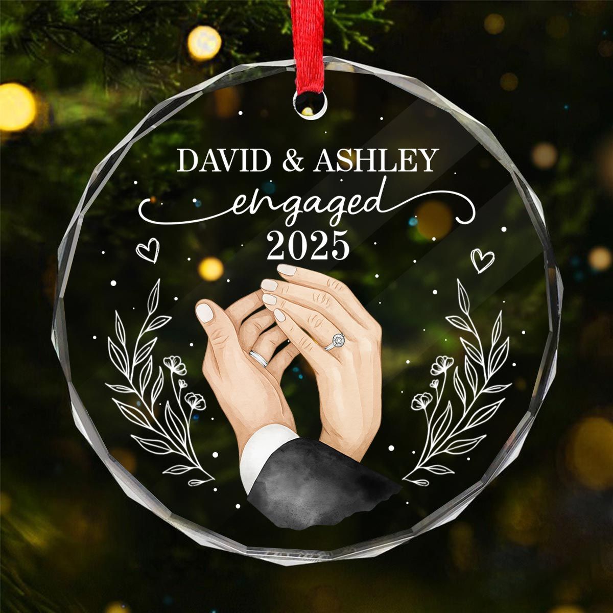 Couple Hands Forever Love First Christmas Engaged Personalized Glass Ornament, Gift For Newly Engaged Couple