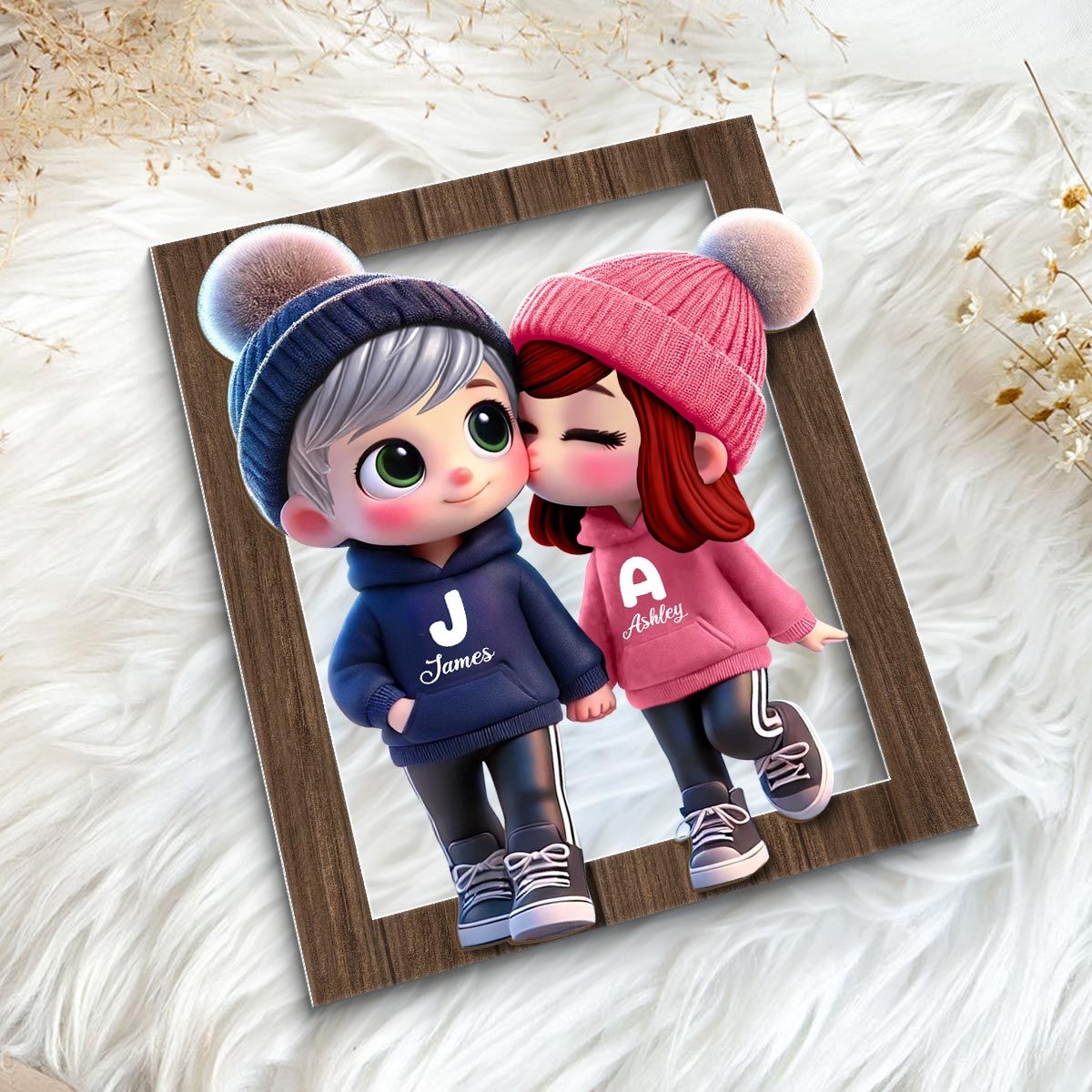 Cute Cartoon Couple Walking Personalized 2-Layered Wooden Plaque, Gift for him, Gift for her