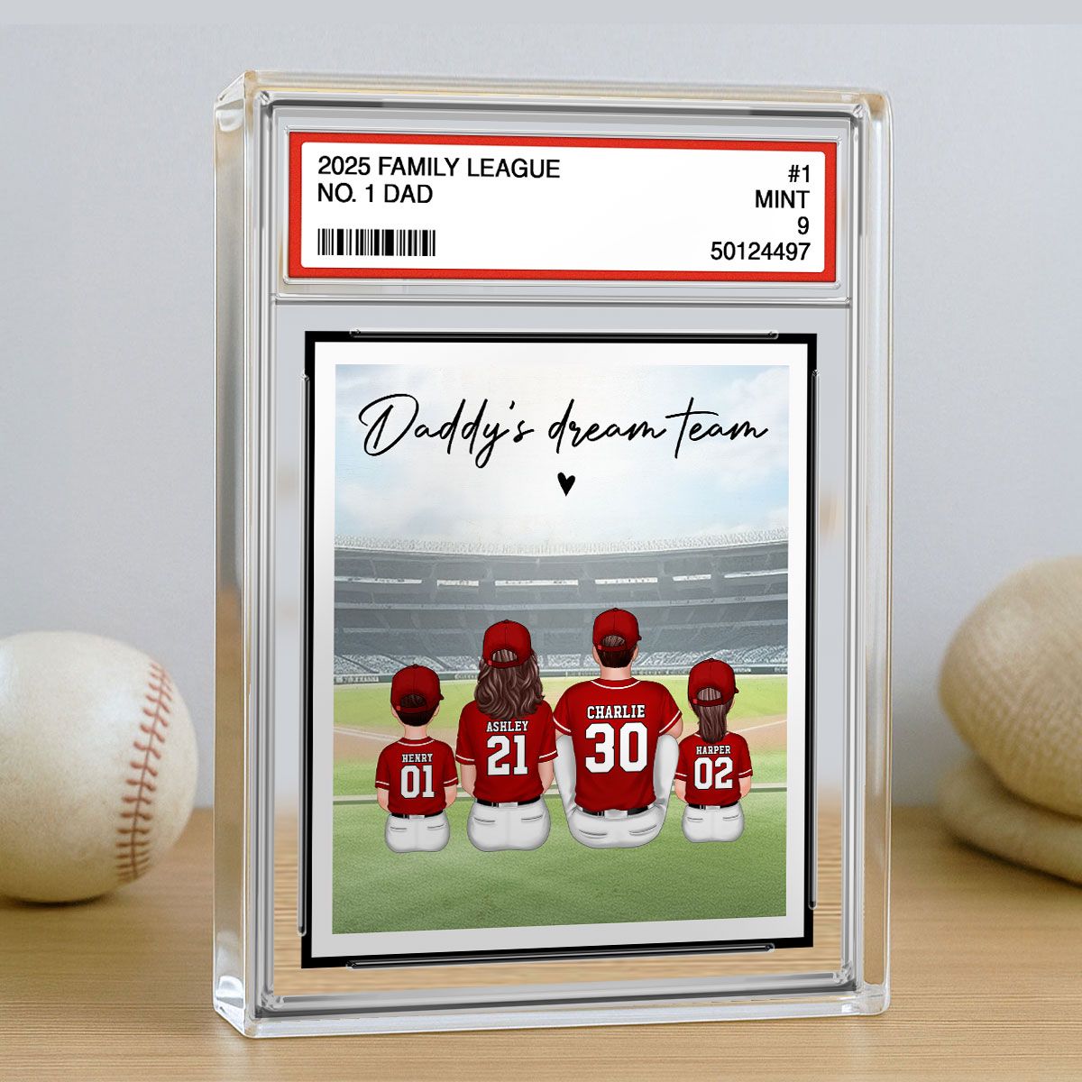 Baseball No. 1 Dad Man & Kids Sitting Trading Card Style Personalized Acrylic Block Plaque