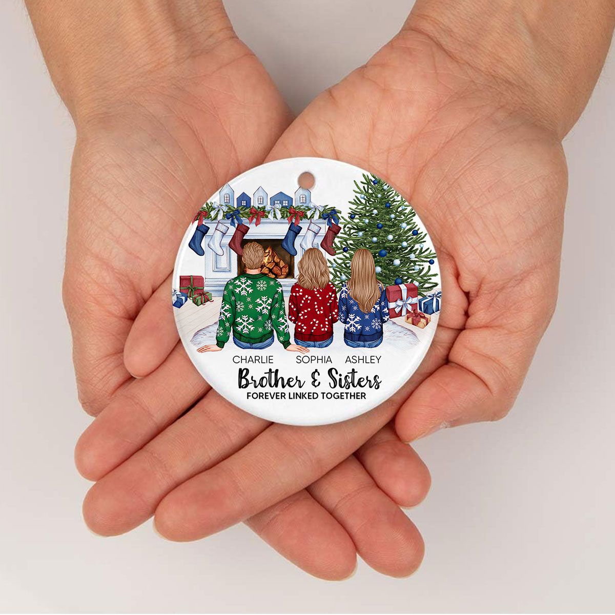 Personalized Siblings Christmas Tree Cozy Fireplace Ornament, Personalized Brothers and Sisters Ornament, Siblings Gift