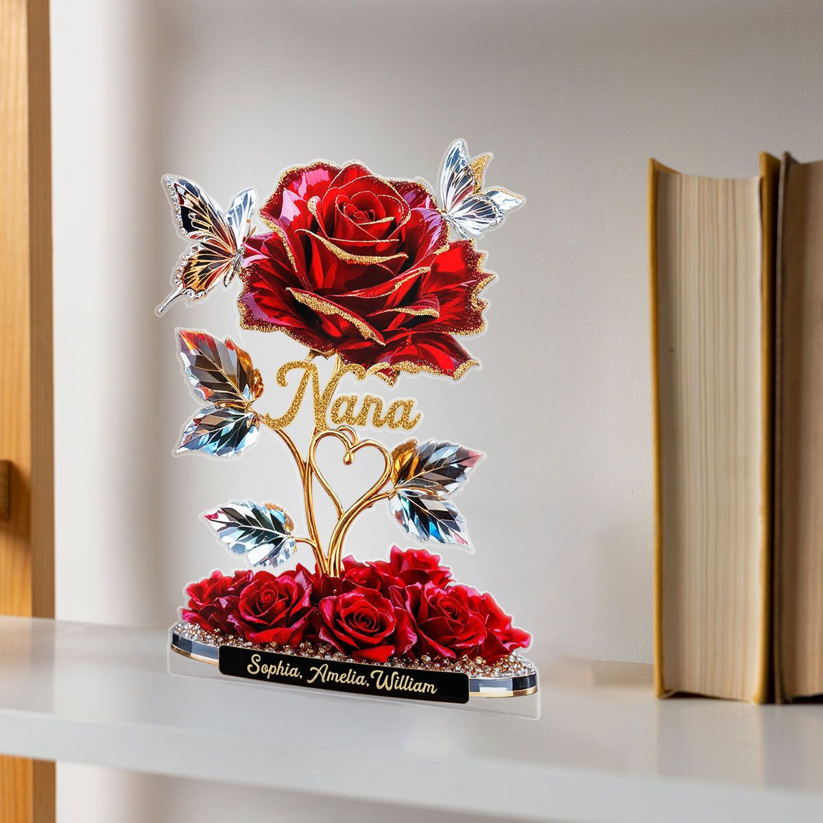 Beautiful Rose For Grandma Mom With Kids Names 3D Effect Personalized Flat Acrylic Block Plaque