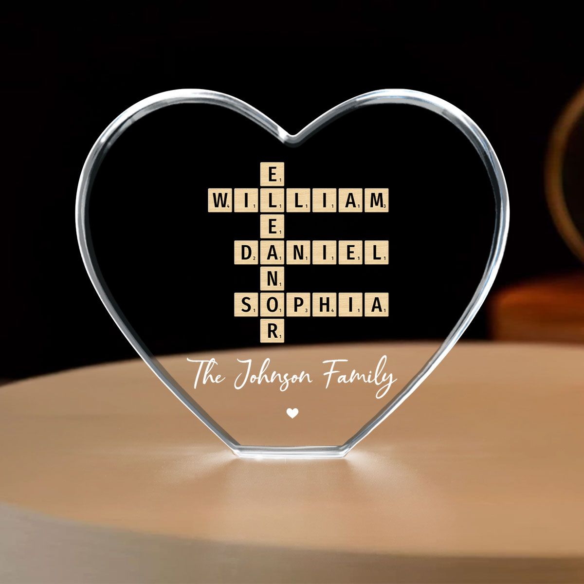 Family Names Crossword Art - Created In A Moment, Treasured Forever Personalized Heart Crystal LED