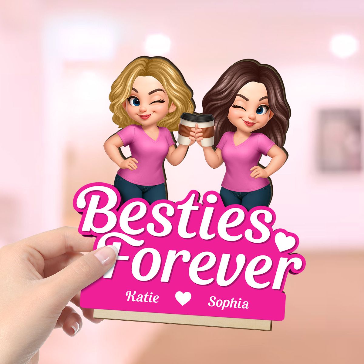 Beautiful Besties Pink Tone Personalized Flat 2-Layer Standing Wooden Plaque