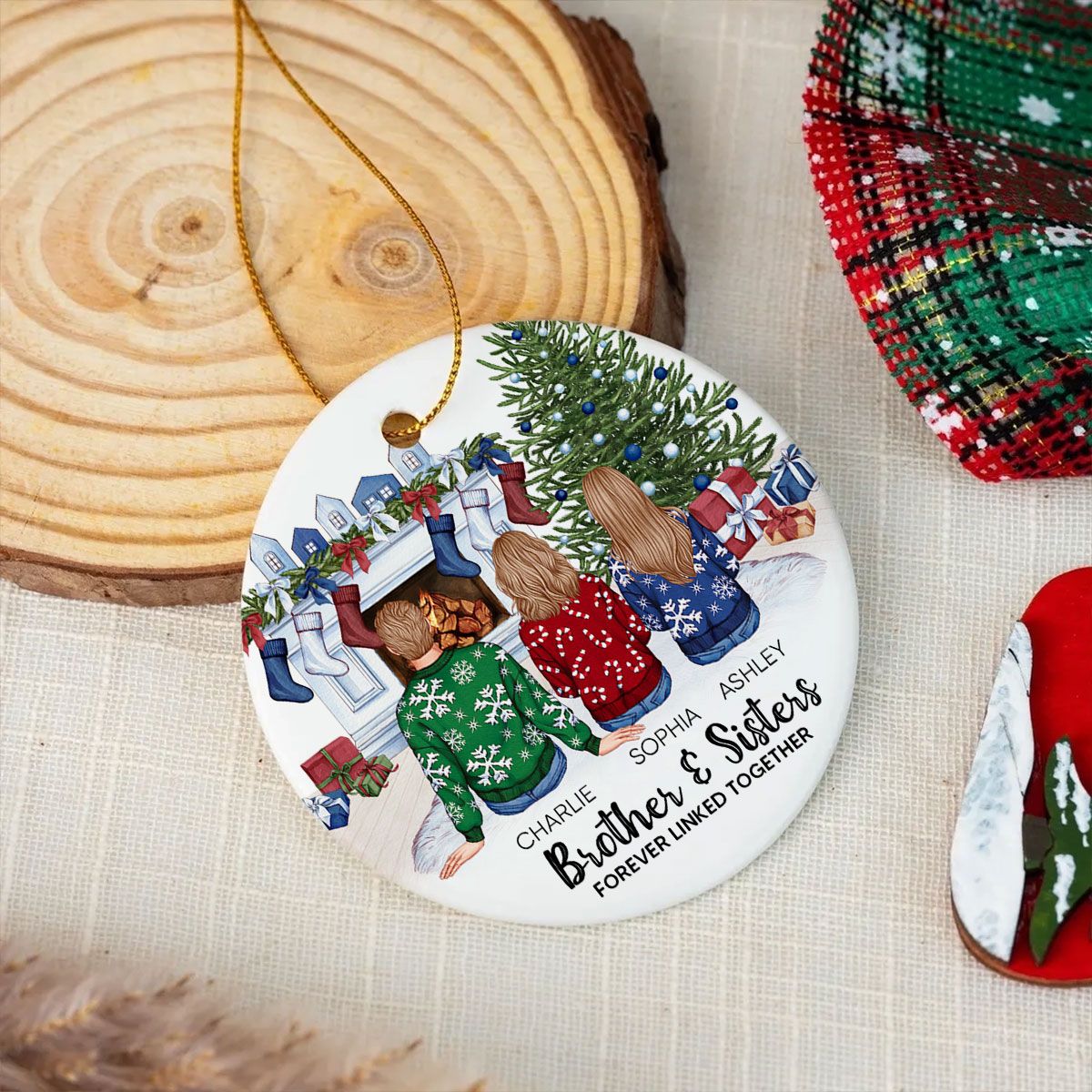 Personalized Siblings Christmas Tree Cozy Fireplace Ornament, Personalized Brothers and Sisters Ornament, Siblings Gift