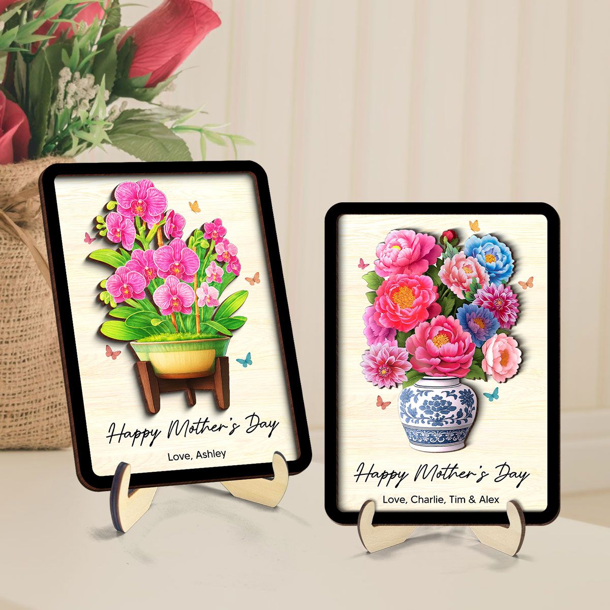Flower Bouquet Personalized 2-Layer Wooden Plaque, Heartfelt 2025 Mother's Day Gift For Mom, For Grandma, For Wife