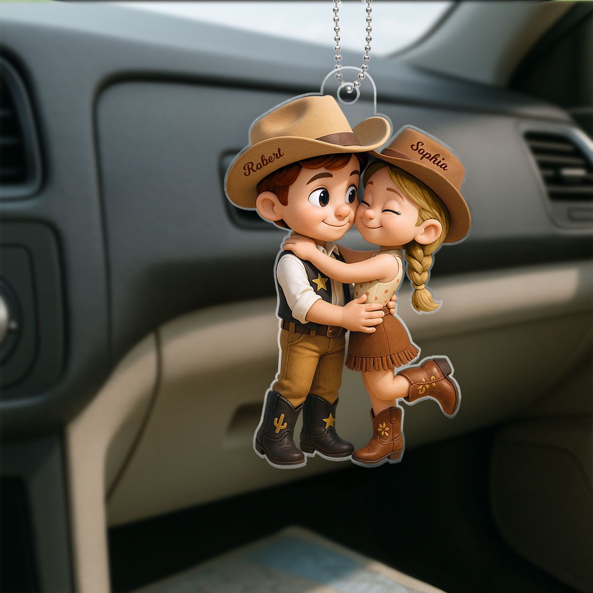 Cartoon Style Countryside Couple Cowboy Cowgirl Car Accessories Personalized Car Hanger Ornament