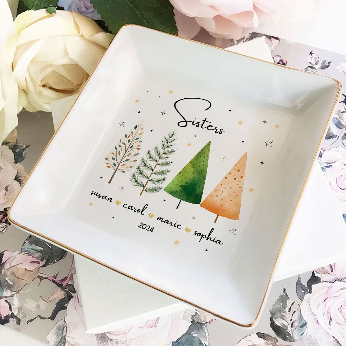 Christmas Trees Besties Sisters Personalized Jewelry Dish, Bridesmaid Gift, Best Friend Flower Ring Dish, Gift for Bestie, Christmas Gifts