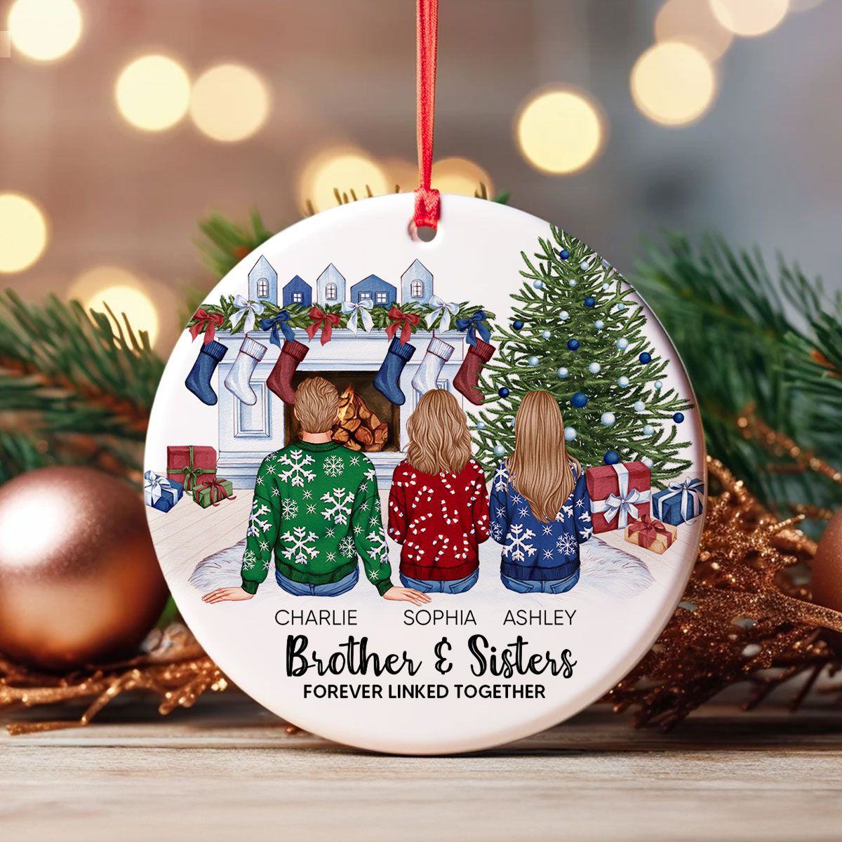Personalized Siblings Christmas Tree Cozy Fireplace Ornament, Personalized Brothers and Sisters Ornament, Siblings Gift