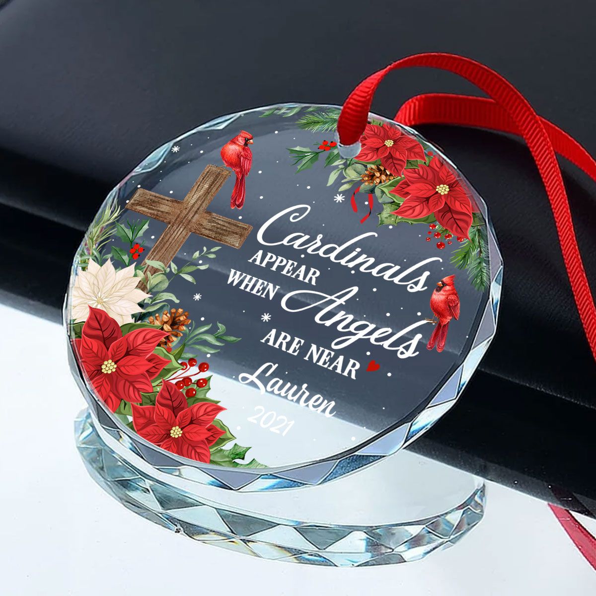 Always With You Cardinal Cross Poinsettia Personalized Glass Ornament, Christmas Gift