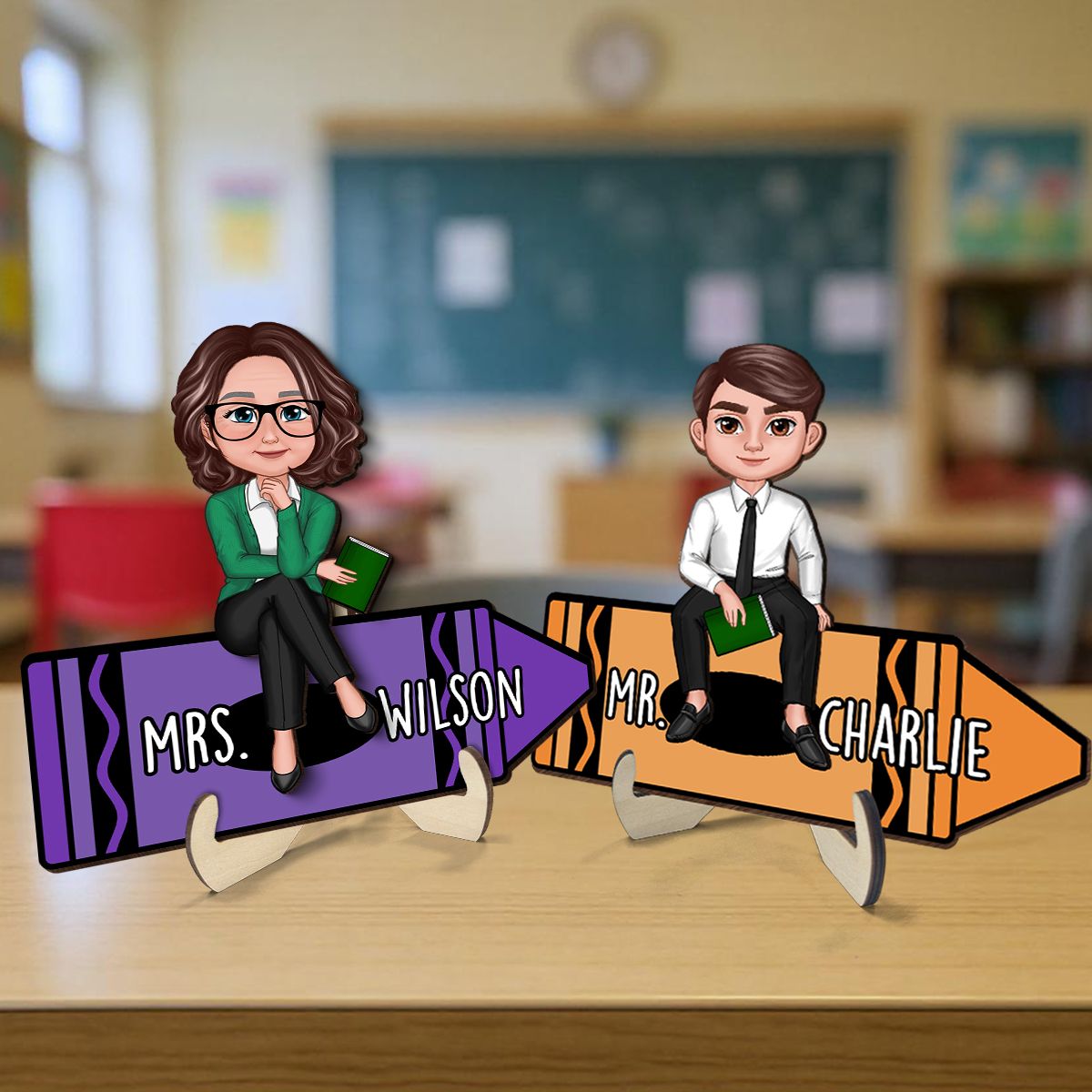 Doll Teacher Sitting On Crayon Personalized 2-Layer Wooden Plaque