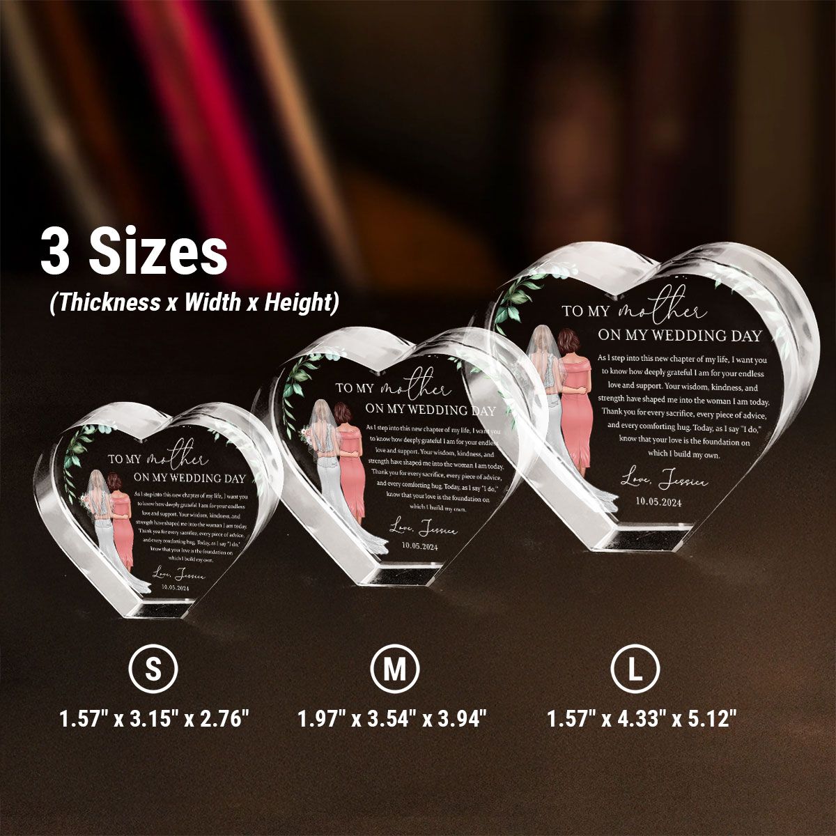 Personalized Wedding Mother of the Bride Gift from Daughter, a Treasure Forever Custom Premium Crystal Heart LED