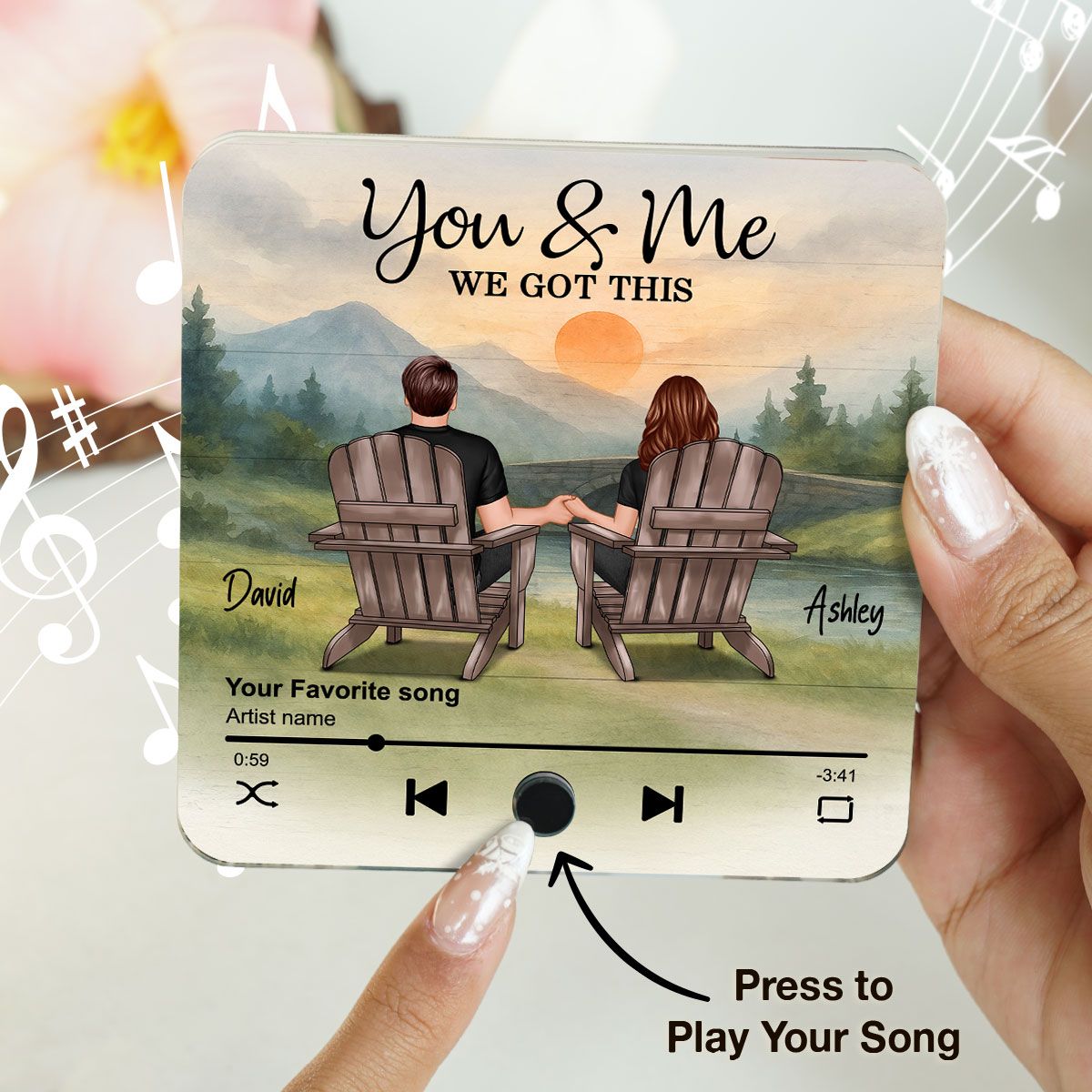 Mountain Landscape Couple Sitting Back View Personalzied Music Magnet, Anniversary gift for him for her