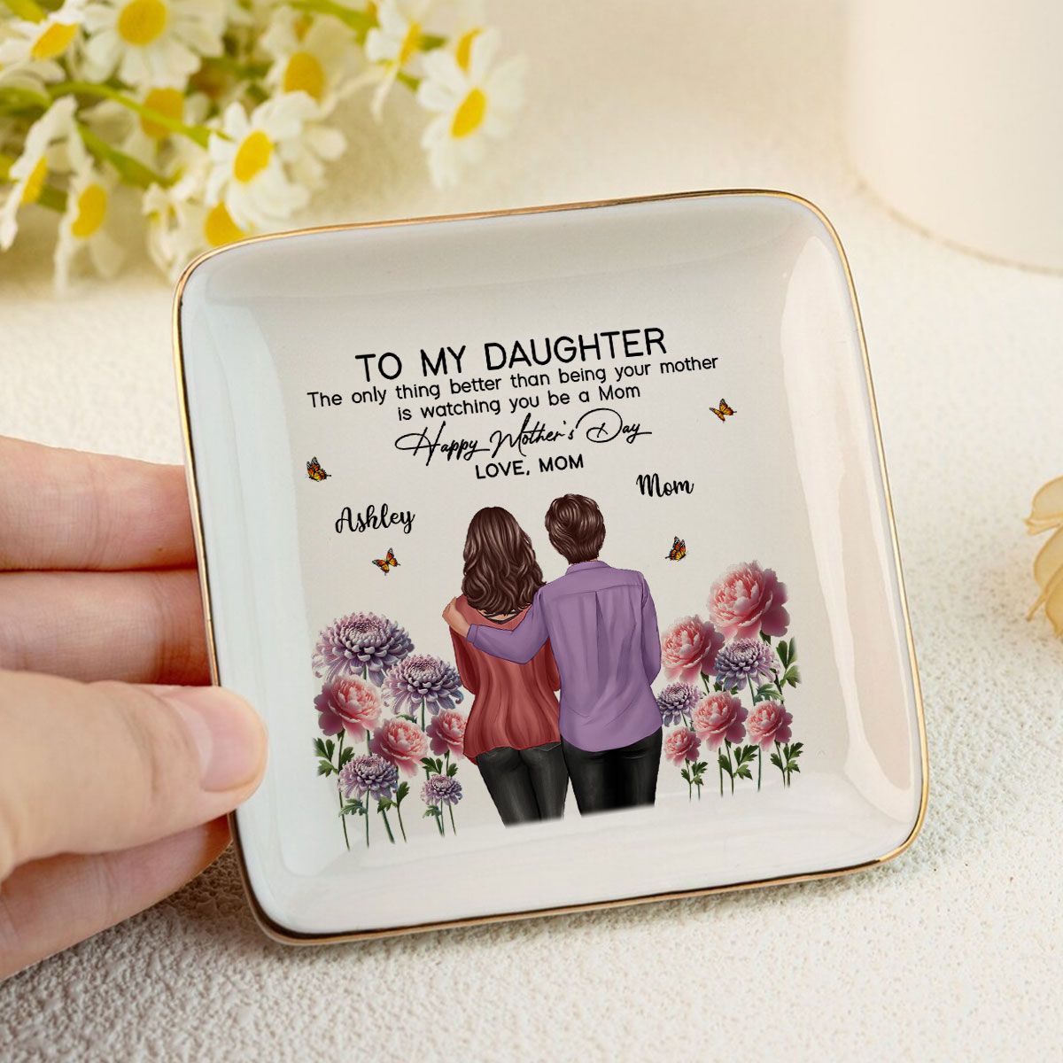To My Daughter From Mom Happy Mother's Day Birth Flower Personalized Jewelry Dish, Mother's Day Gift For Daughter