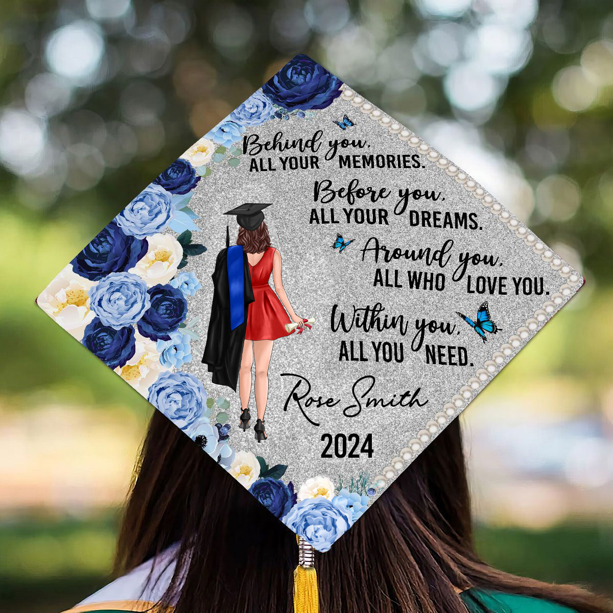 Behind You Flowers Senior Graduation Gift Personalized Printed Graduation Cap Topper (Not Real Glitter)