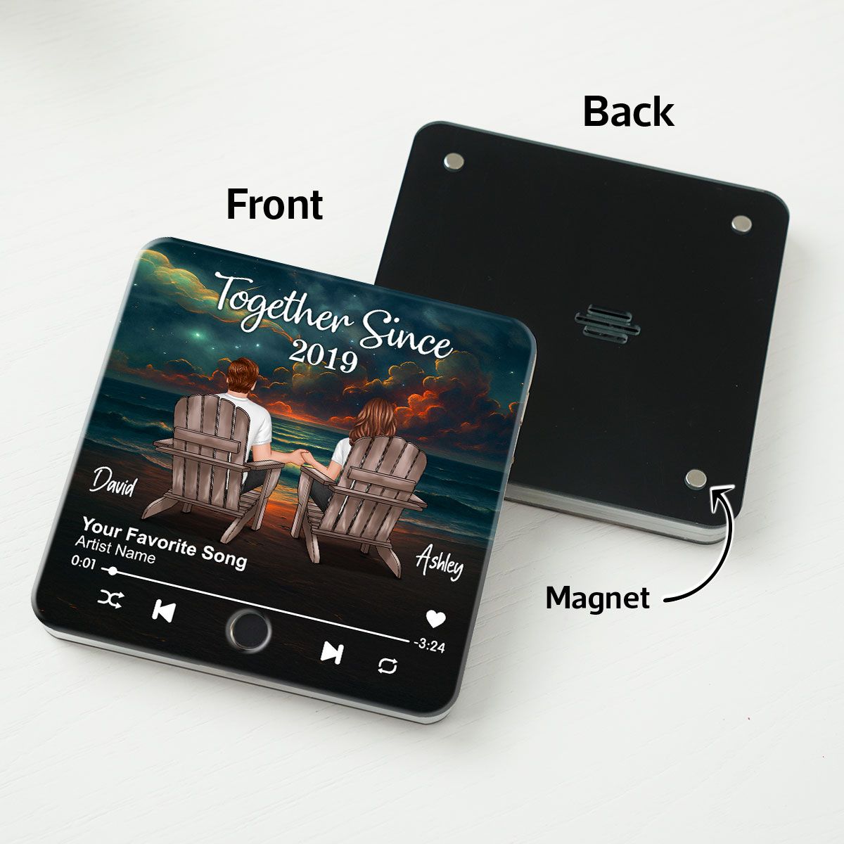 Night Beach Landscape Couple Sitting Back View Personalized Music Magnet