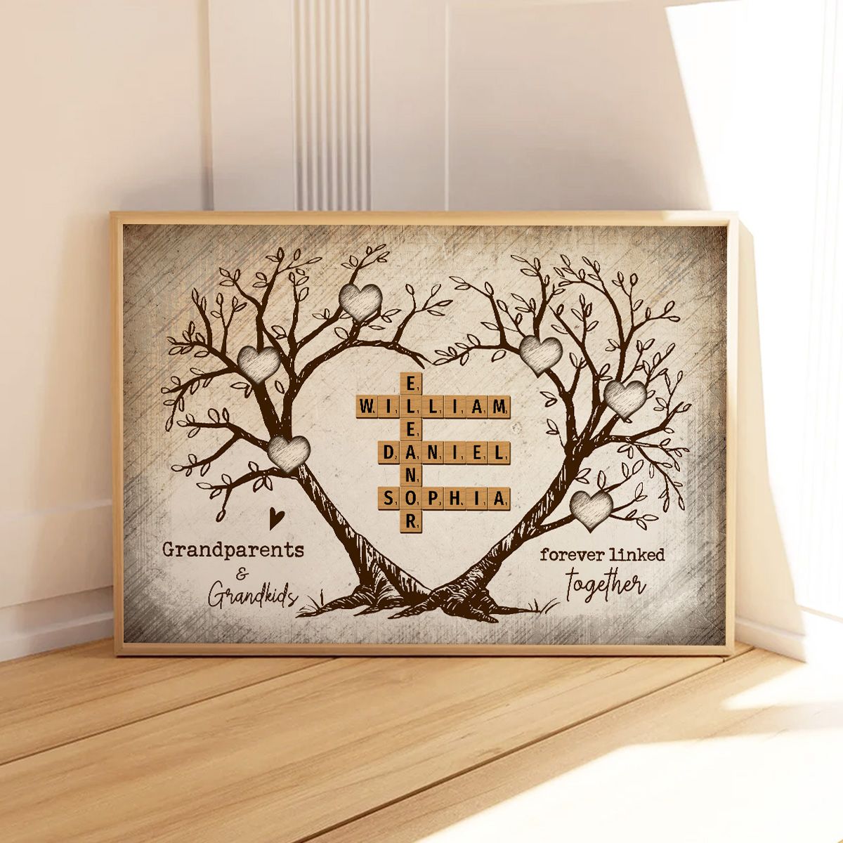 Grandparents & Grandkids Forever Linked Together Heart Tree Puzzle Crossword Art Personalized Canvas, Gift For Grandparents, Grandma, Grandpa