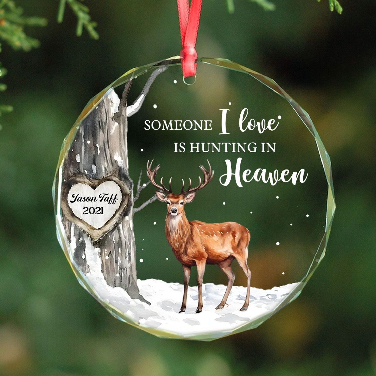 Hunting In Heaven Memorial Winter Personalized Glass Ornament