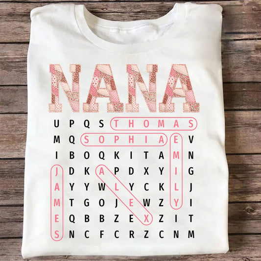 Vintage Quilted Patchwork Pattern Grandma Custom Grandkids Names Word Search Puzzle - Personalized Shirt - Gift For Grandma