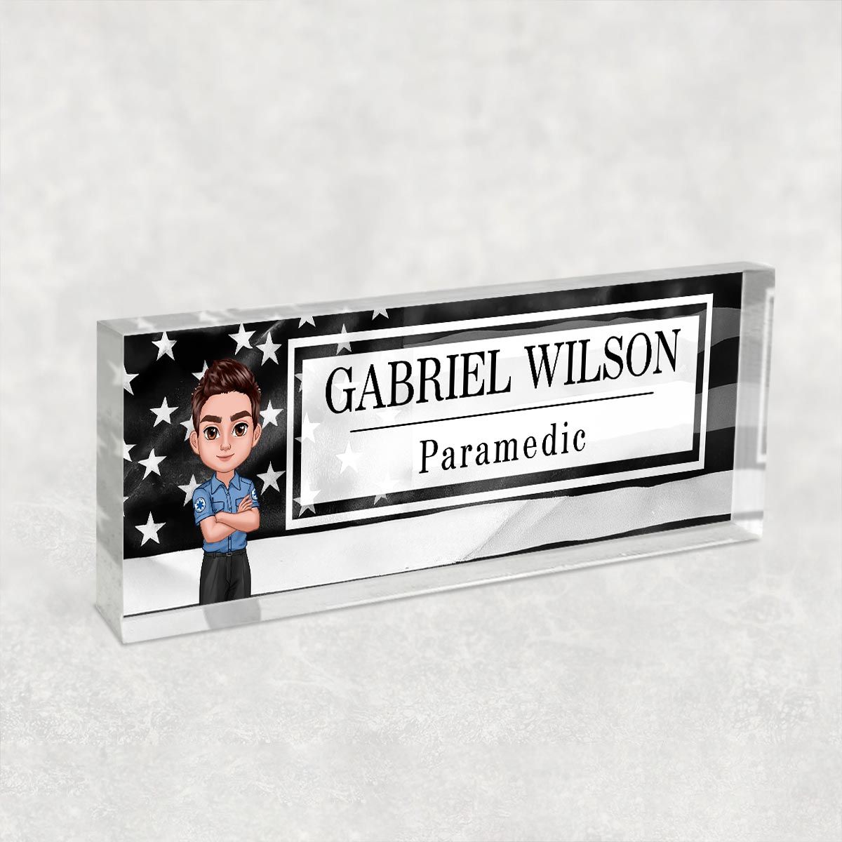 Proud Occupation Patriotic American Flag Personalized Acrylic Desk Name Plate, Gift For Boyfriend Girlfriend Husband Wife, Appreciation Gift