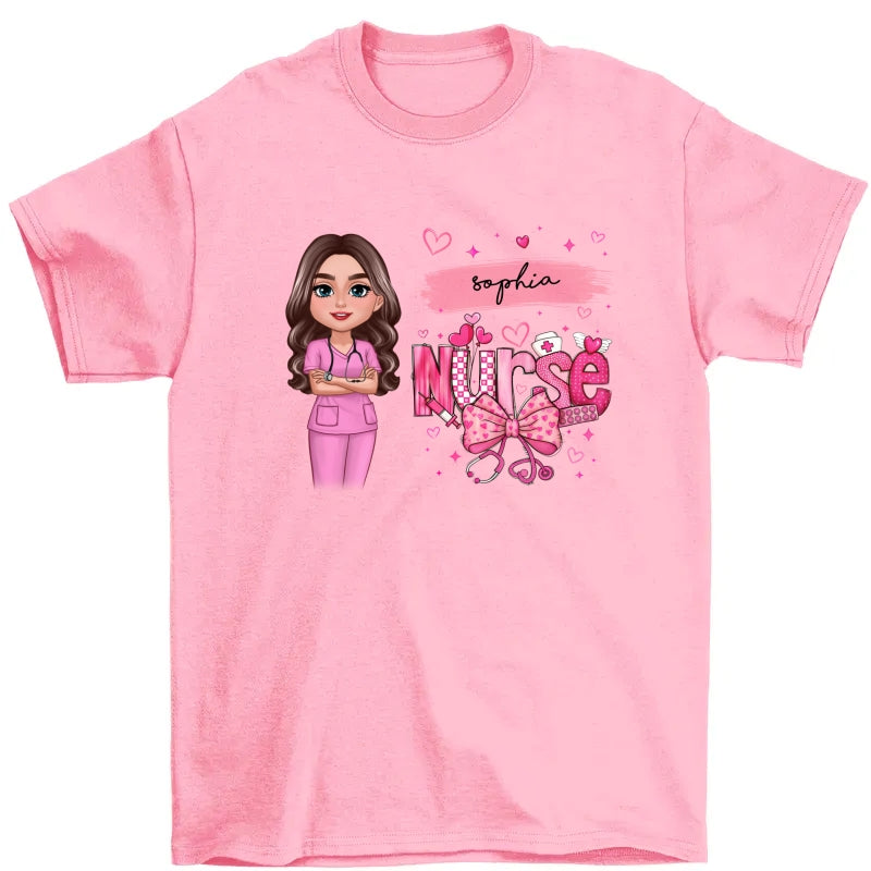 Nurse Pink Coquette Bow Personalized Shirt, Birthday Valentine's Day Gift For Nurse Wife Girlfriend Bestie