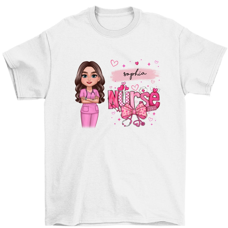 Nurse Pink Coquette Bow Personalized Shirt, Birthday Valentine's Day Gift For Nurse Wife Girlfriend Bestie
