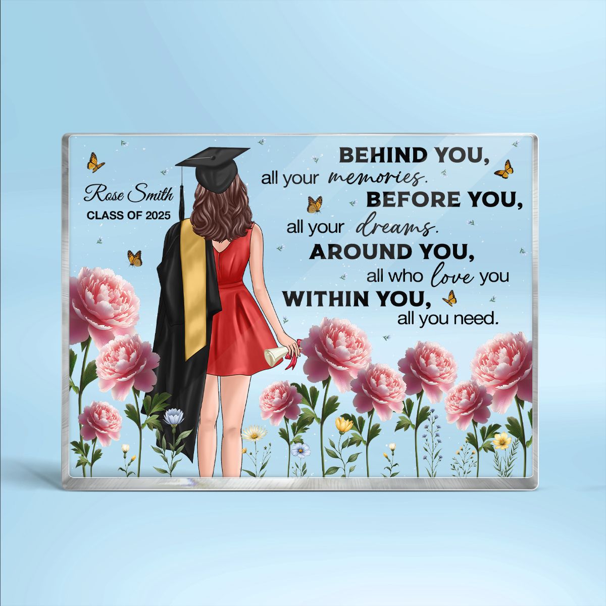 Graduation Senior 3D Effect Birth Month Flowers Personalized Rectangle Acrylic Block Plaque, Graduation Gift