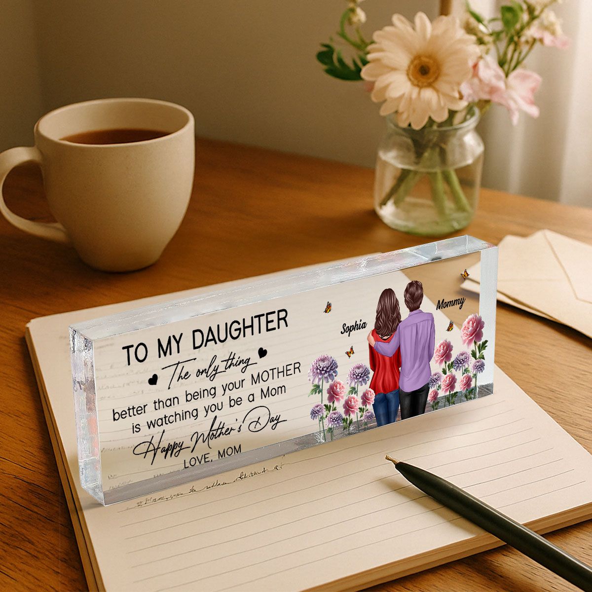 To My Daughter From Mom Happy Mother's Day Birth Flower Personalized Desk Block, Mother's Day Gift For Daughter