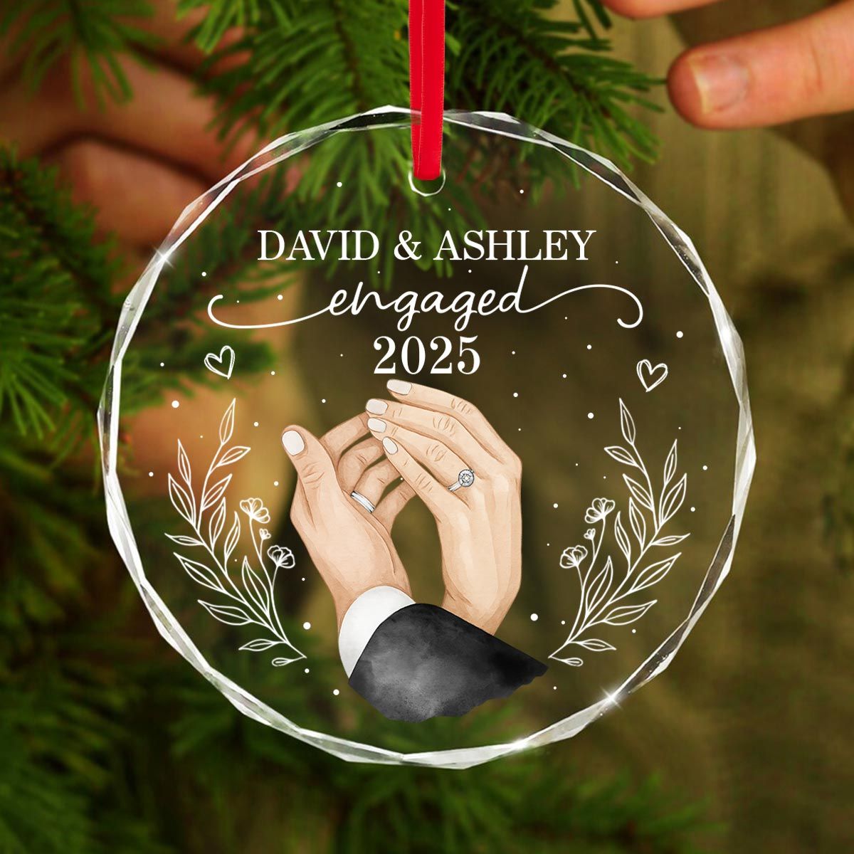 Couple Hands Forever Love First Christmas Engaged Personalized Glass Ornament, Gift For Newly Engaged Couple
